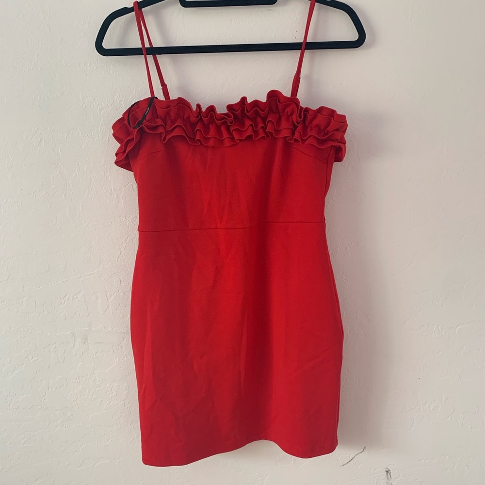 Red Bodycon Mini Dress with Ruffle Details - Picture 2 of 2
